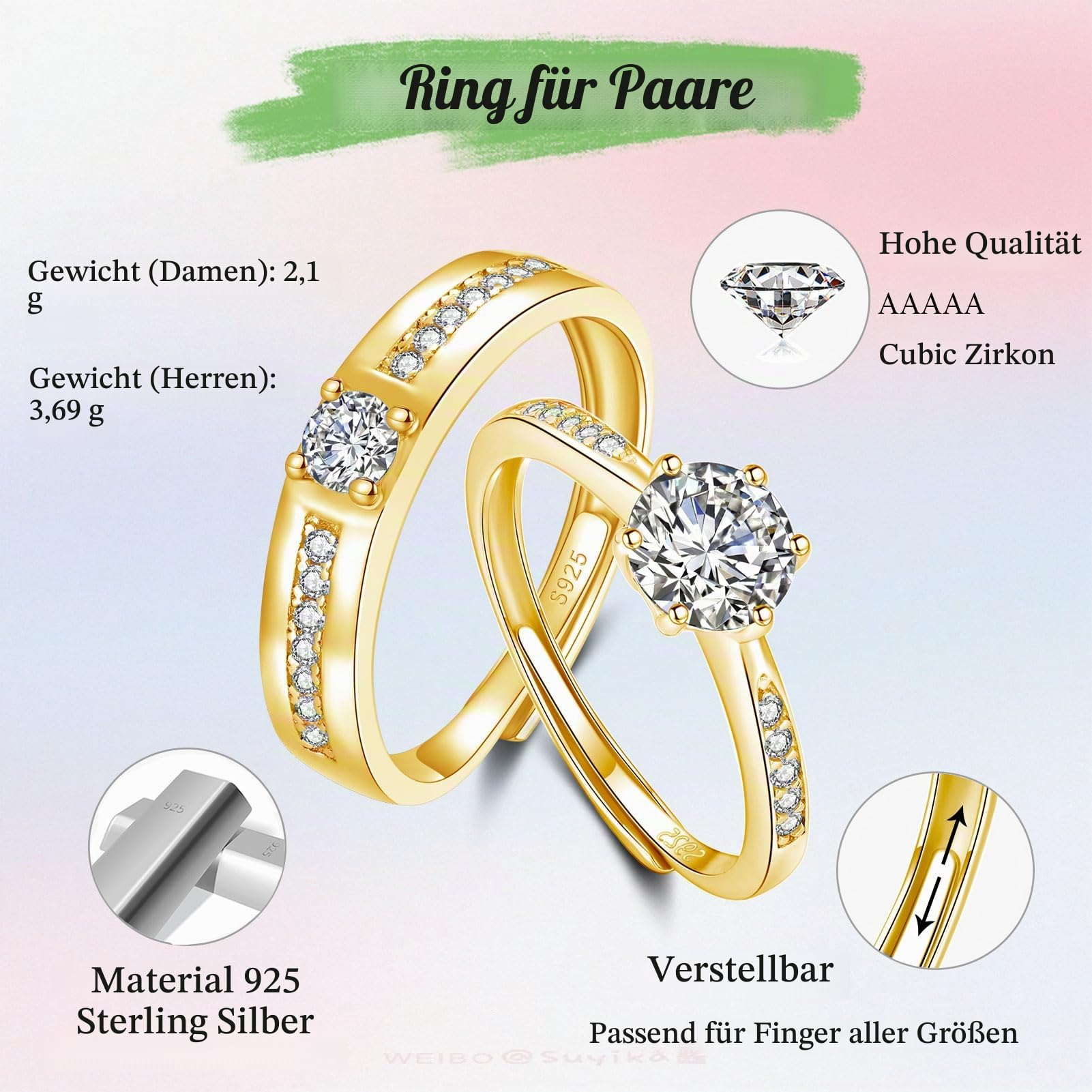 Kamise Silber Paare Ring für Damen & Herren, 925 Sterling Silber Partner Ringe mit Zirkonia, Verstellbar Versprechen Verlobungsring Hochzeitsring, Einfach Offen Eheringe Band Ring mit Geschenkbox