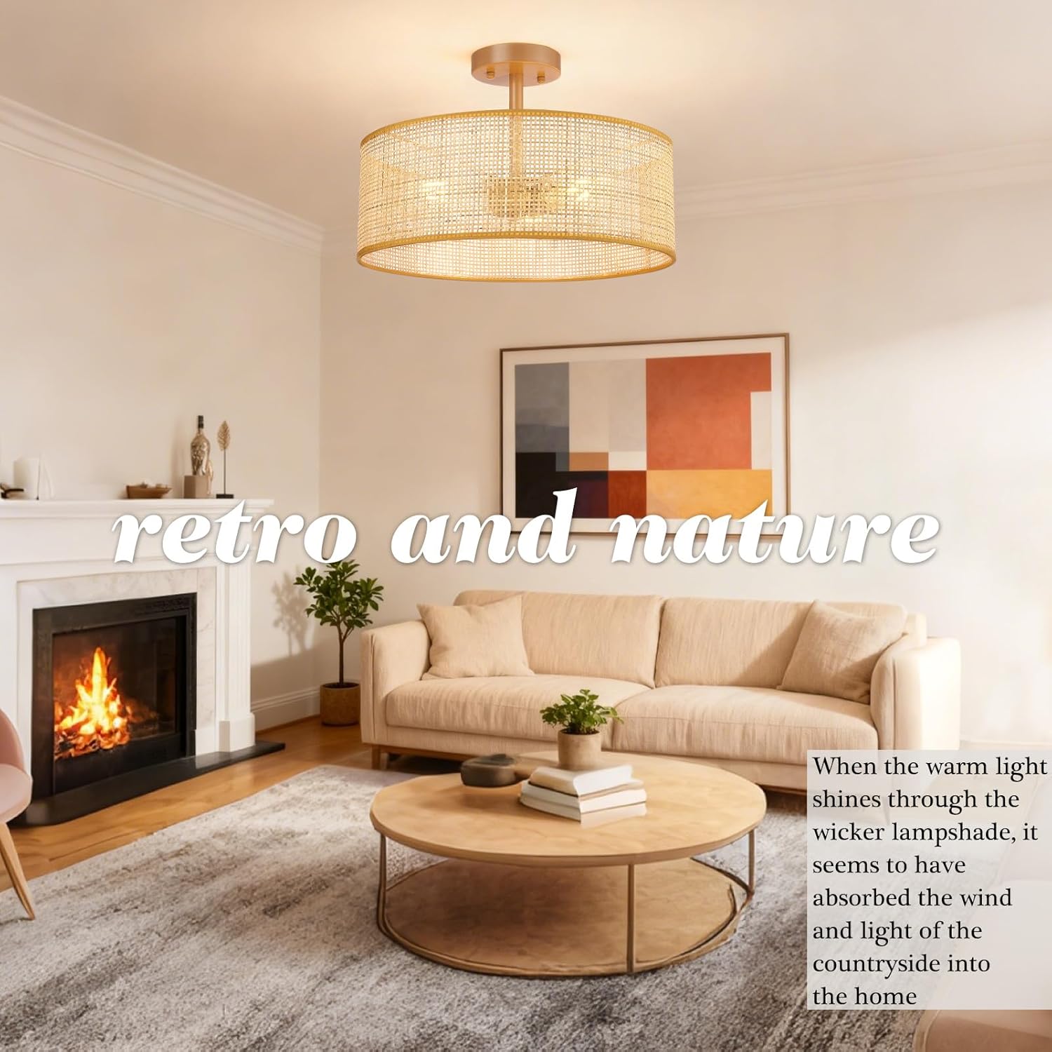 Hamilyeah Boho Drum Ceiling Light Fixture Flush Mount with Woven Shade, Gold 16 inch Light Fixture Ceiling Mount Wicker Shade, Bamboo Rattan Light Fixtures for Living Room, Bedroom Dining Room