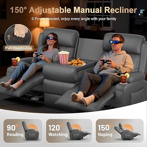 Miniatura 3 de Sofá reclinable de 3 plazas, asiento de cine en casa con respaldo central abatible, sofá cama de pared RV con masaje, amanera y portavasos,