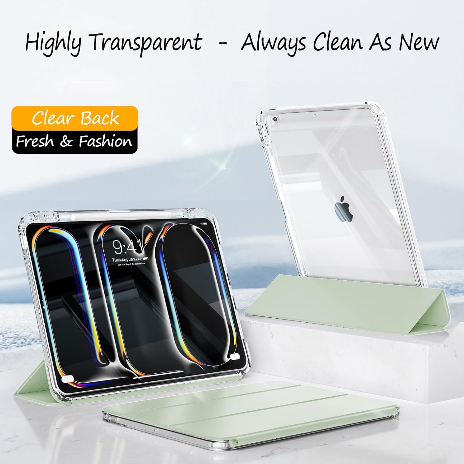 Slim Case For iPad 9th/8th/7th Generation 2021/2020/2019 (10.2 inch) Leather Case with Pencil Holder, Slide Detachable Magnetic Trifold Stand, Shockproof Protective Cute Clear Back Cover (Light Green)