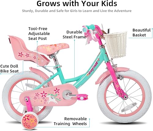 Miniatura 2 de JOYSTAR Unicorn Kids Bike for Girls Ages 2-9 Years Old, 12 14 16 18 Inch Kids Bike with Training Wheels, Doll Seat, Streamers and Basket, Toddler