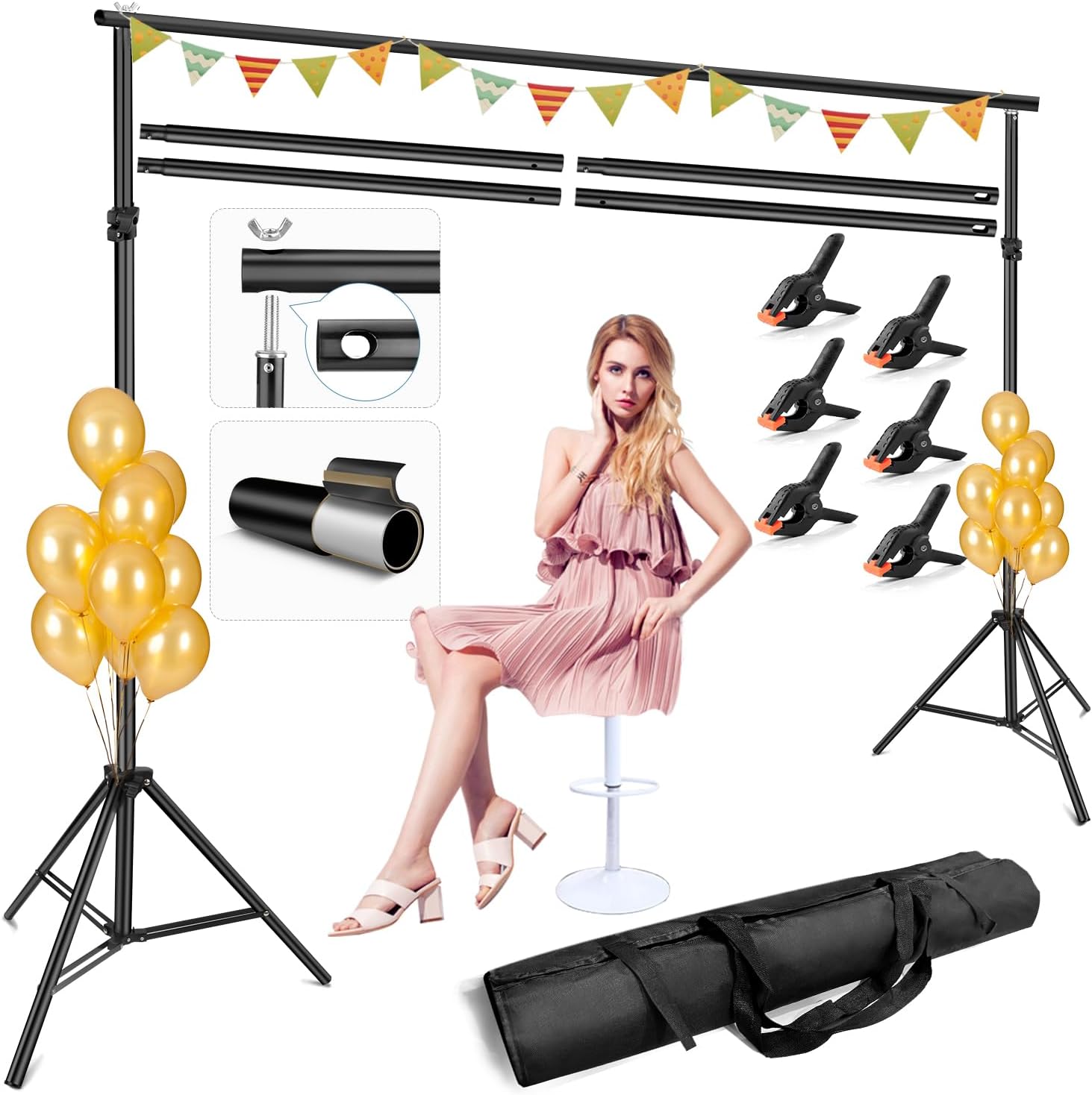 Photo Backdrop Stand for Parties, 10x6.5FT Adjustable Backdrop Stand Studio Photography Background with Carrying Bag and Clamps for Projector Screen, Photoshoot