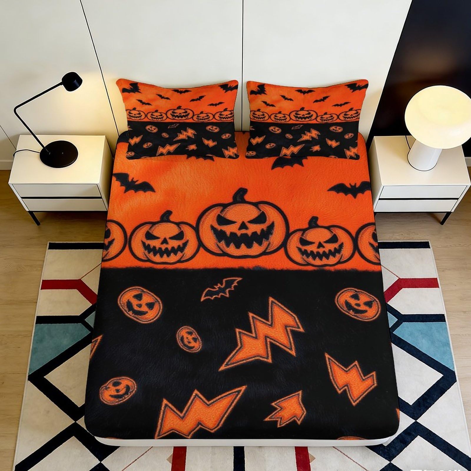 3D Printed Halloween Pumpkin Fitted Sheet Microfiber Orange Black Bat Lightning Mattress Cover for Bedroom Dorm Decor 200x200x25cm