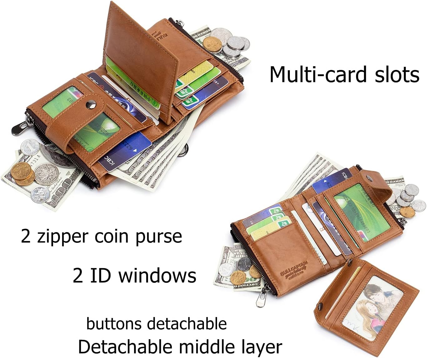 BULLCAPTAIN Genuine Leather Men Wallet with Anti Theft Chain Bifold RFID Blocking Wallets for Men Double Zipper Coin Purse with ID Window (Yellowish brown)