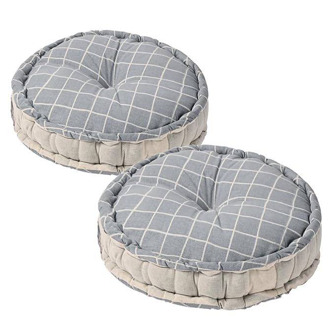 Kuber Industries 2 Pcs Cotton 16x16 Inch Sitting Chair Cushion Pads Button Sitting Cushion & Back Rest for Chair Cushion for Office, Dining Chair, Car, Indoor/Outdoor Round Check - Grey
