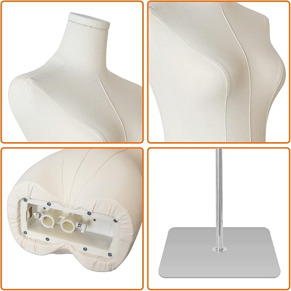 Dress Form Mannequin for Sewing Female Black Linen Fabric Manikin Torso with Detachable Adjustable Height 50-70 High stability Metal Stand Slim Body Size 2 (Beige Linen Fabric-Silvery base)