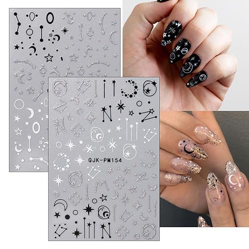 Miniatura 4 de JMEOWIO 10 hojas de calcomanías de arte de uñas con purpurina en blanco y negro, calcomanías autoadhesivas, calcomanías para uñas, lindo pentagrama,