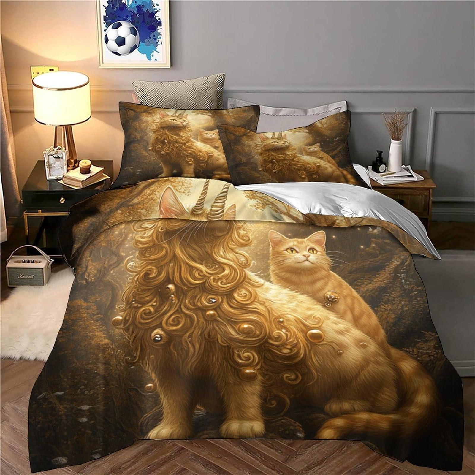 Fantasia del gatto dorato Impressione 3D 3 pz fodera per edredone arte di creature mitiche coperteletto microfibra ipoallergenica antiacari per ragazzi uomini adulti King（220x240cm）
