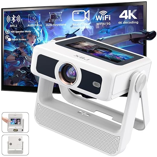 [Built-in Apps] XBJ Touch Screen Portable Projector with Wifi 6 and Bluetooth, Support 4K, Smart Movie Auto Focus Projector with Stand, Compatible with Smartphone/ TV Stick/pc/USB,Indoor & Outdoor Use