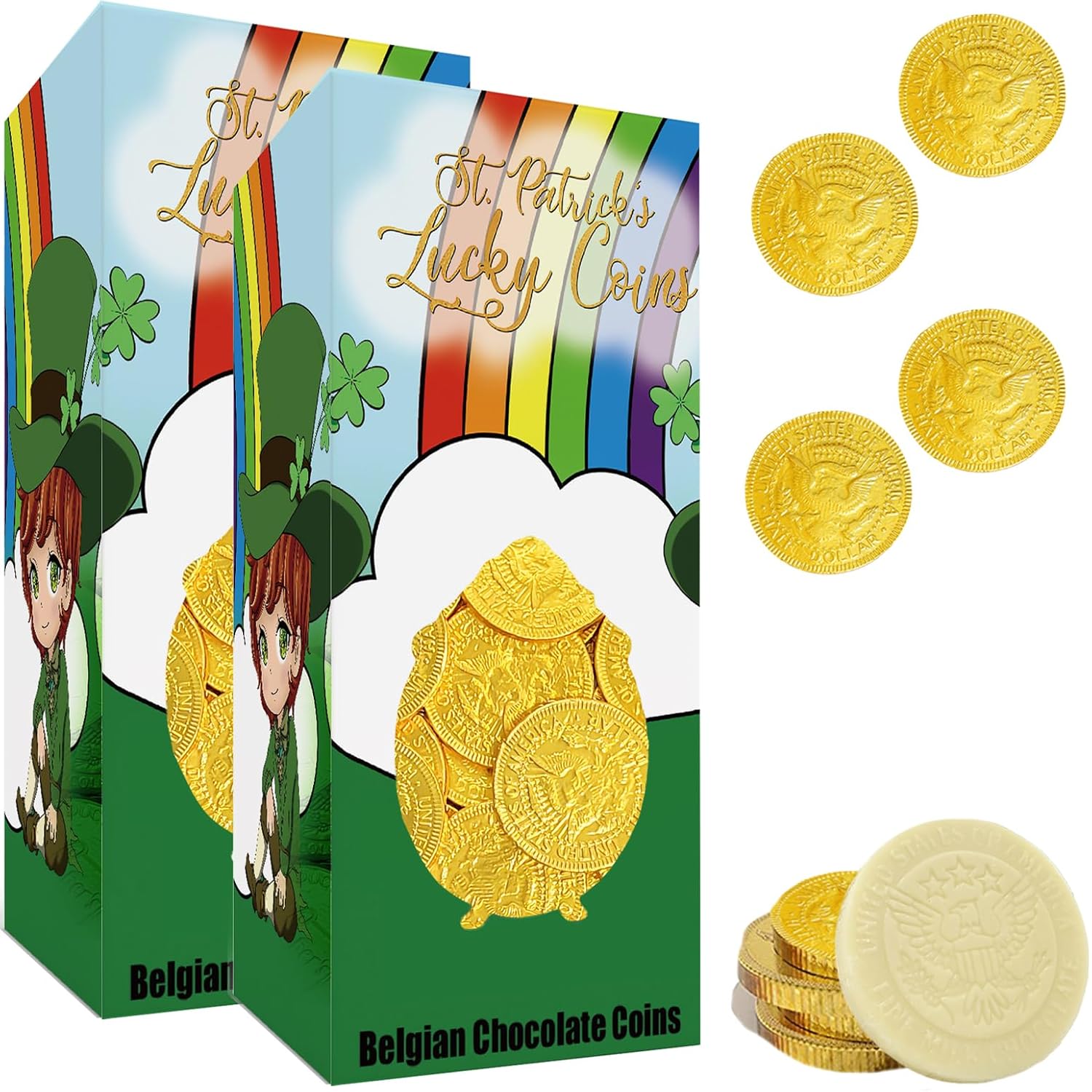The Dreidel Company St. Patrick's Day White Milk Chocolate Coins 2 Pounds, Half-Dollar Gold Foil Coins in Themed Box, Made with Belgian Chocolate, Gluten-Free, Nut-Free, Kosher Certified Dairy