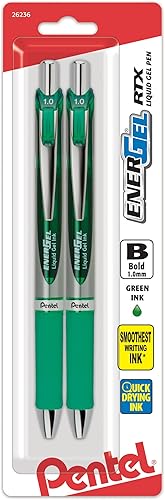 Pentel EnerGel RTX - Bolígrafo de gel líquido retráctil, (1.0mm), línea gruesa, punta de metal, tinta verde, paquete de 2 unidades (BL80BP2D)
