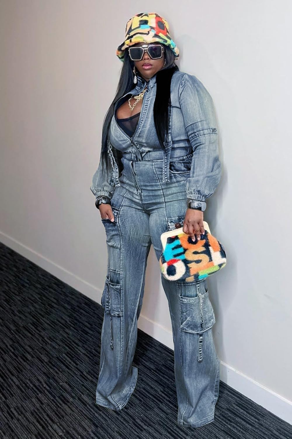 Molilove Women's Two Piece Denim Outfits Long Sleeve Cropped Jean Jacket Cargo Pants with Pockets Y2K Tracksuit Set - Image 2