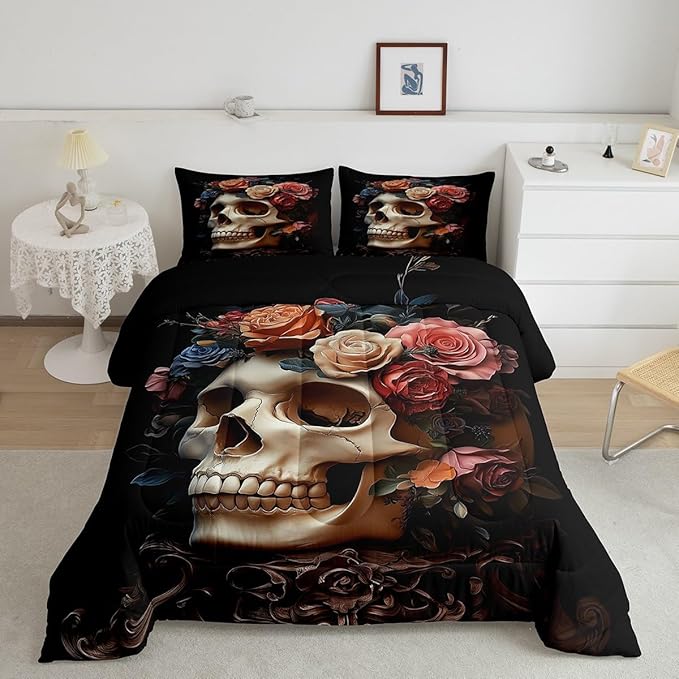 Manfei Sugar Skull Kids Comforter Sets Full Size,Gothic Floral Plants Bedding Sets,Halloween Gothic Skeleton Quilt Set Bedroom Decor 3 PCS,Farmhouse Style Quilt Set with 2 Pillowcases