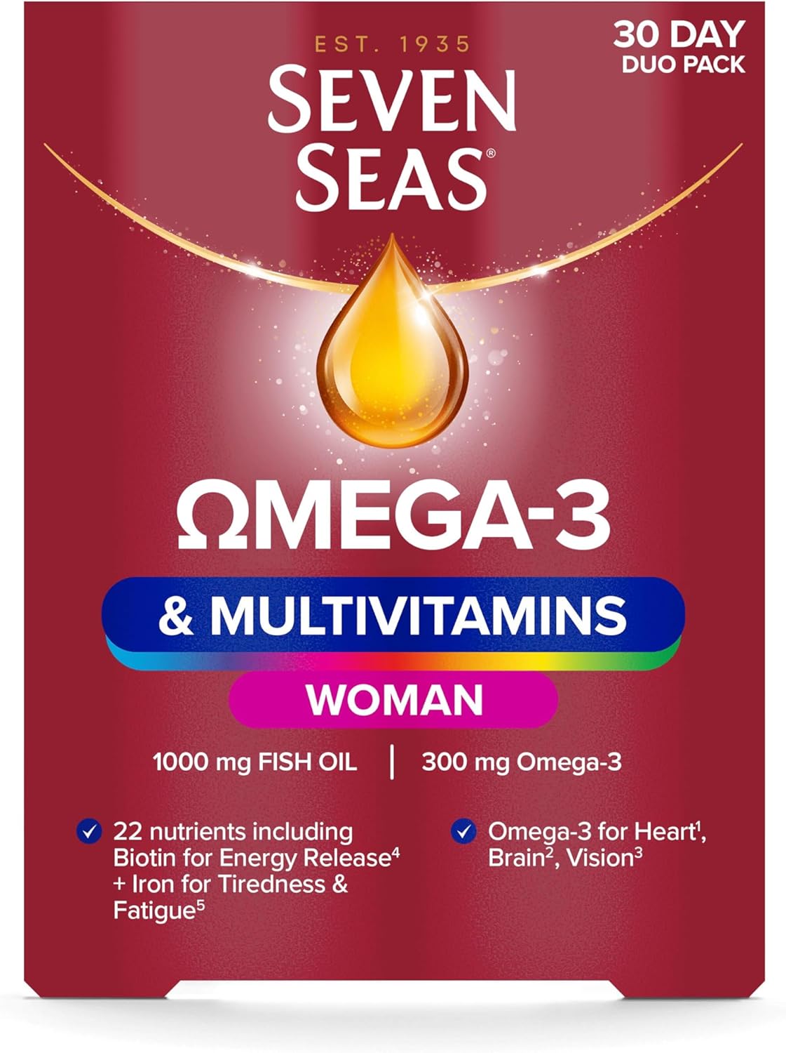 Seven Seas Omega-3 & Multivitamins Woman, with Biotin and Iron, 30-Day Duo Pack, 30 Omega-3 Capsules and 30 Multivitamin Tablets