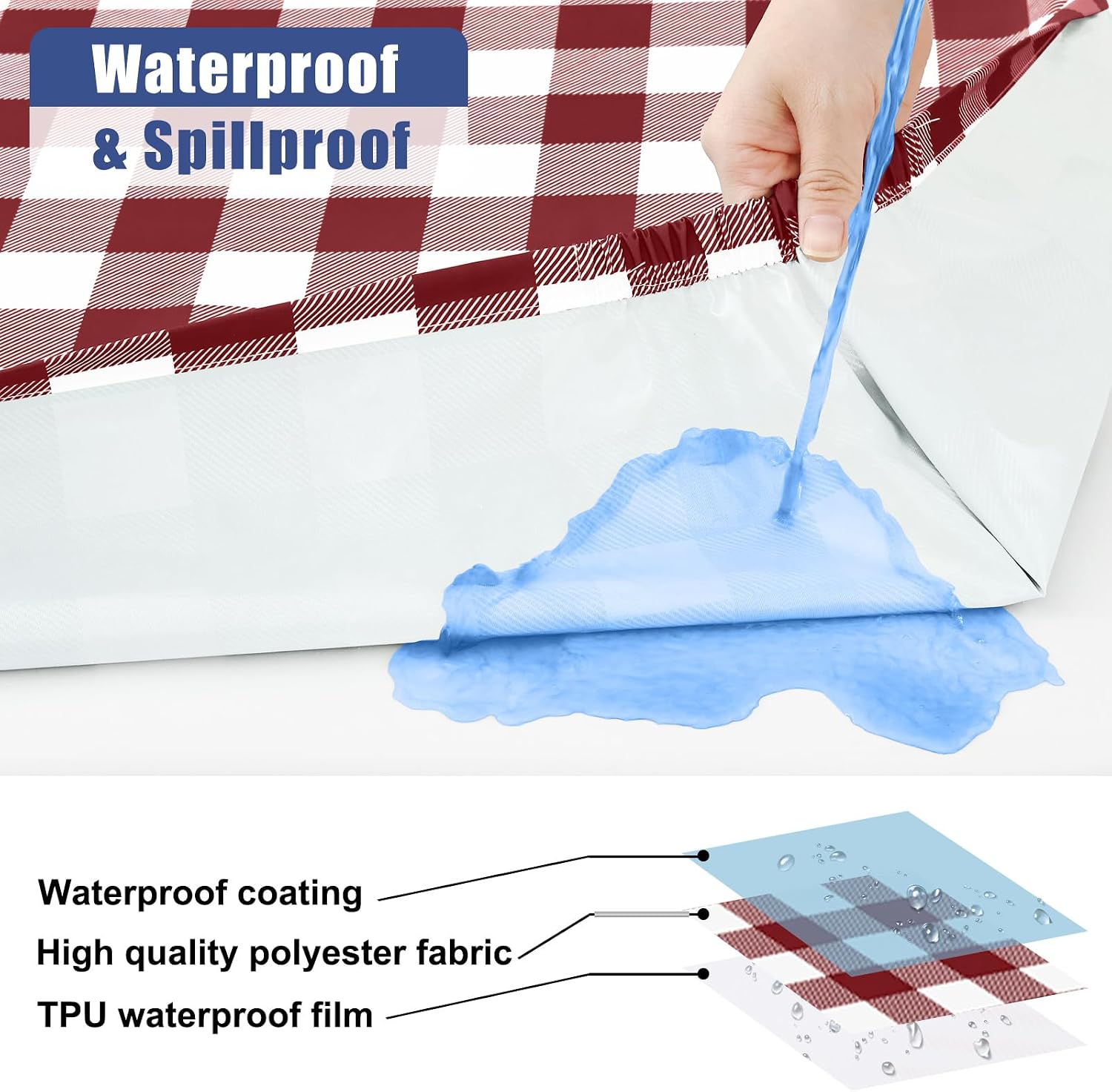  6 Foot Picnic Table Cloth 2 Pack, Elastic Fitted Polyester Tablecloth | Waterproof Washable Rectangle Tablecloths ,Buffalo Plaid Table Covers for Dining, Camping(Burgundy & White, 30" x 72") thumbnail