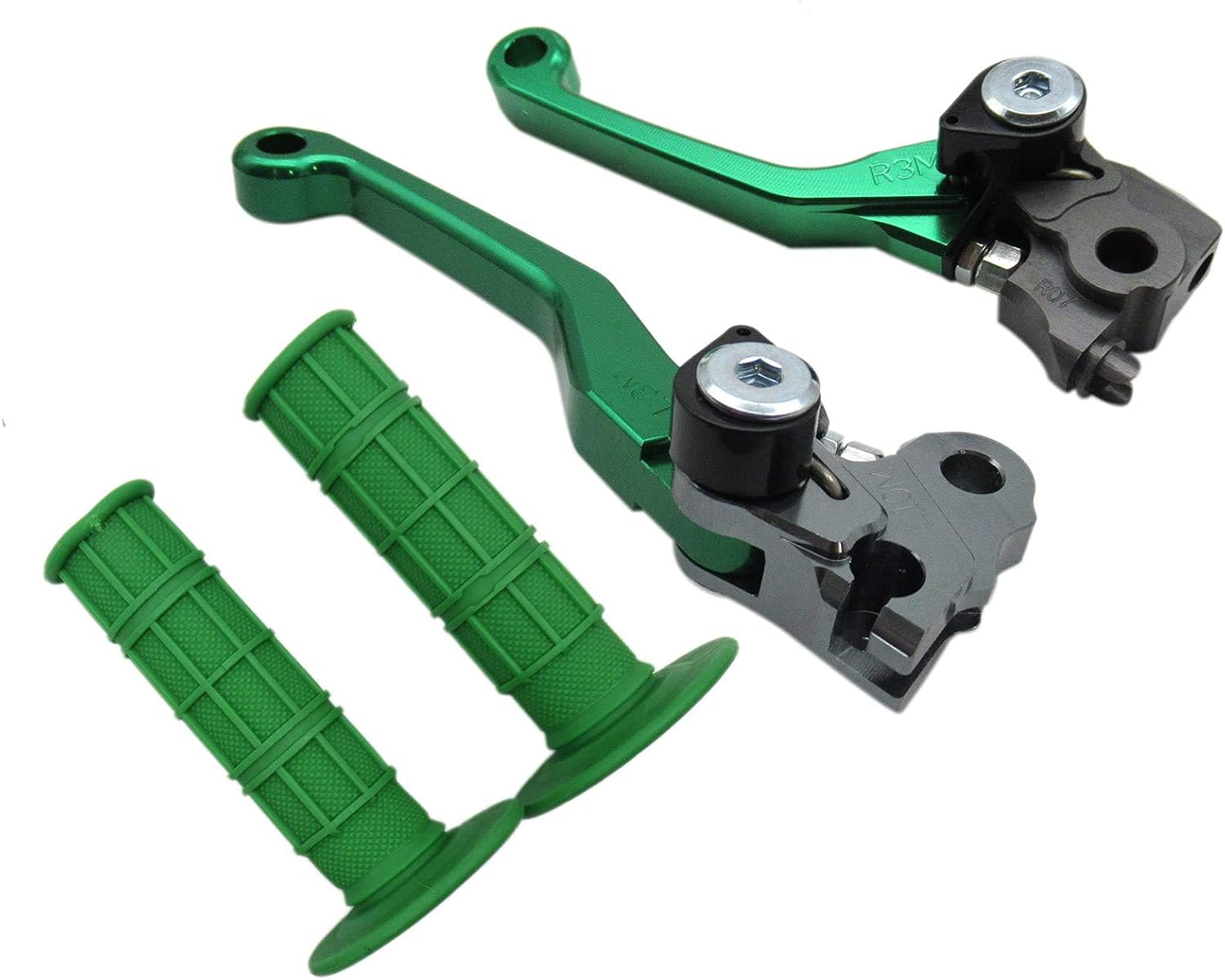 USonline911 Green CNC Motorcross Dirt Bike Pivot Brake Clutch Levers Set for Kawasaki KX65 2000-2018 w/ 7/8" 22mm Rubber Hand Grips