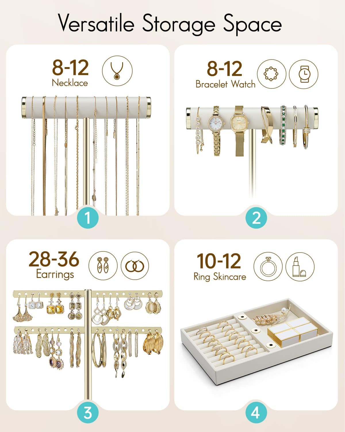 Vlando 3 Tier Necklace Holder Organizer with Tray, Leather Bracelet Holder Display for Women, Gold Jewelry Stand for Bracelet, Necklace, Earrings, Rings - Cloud White - Image 4