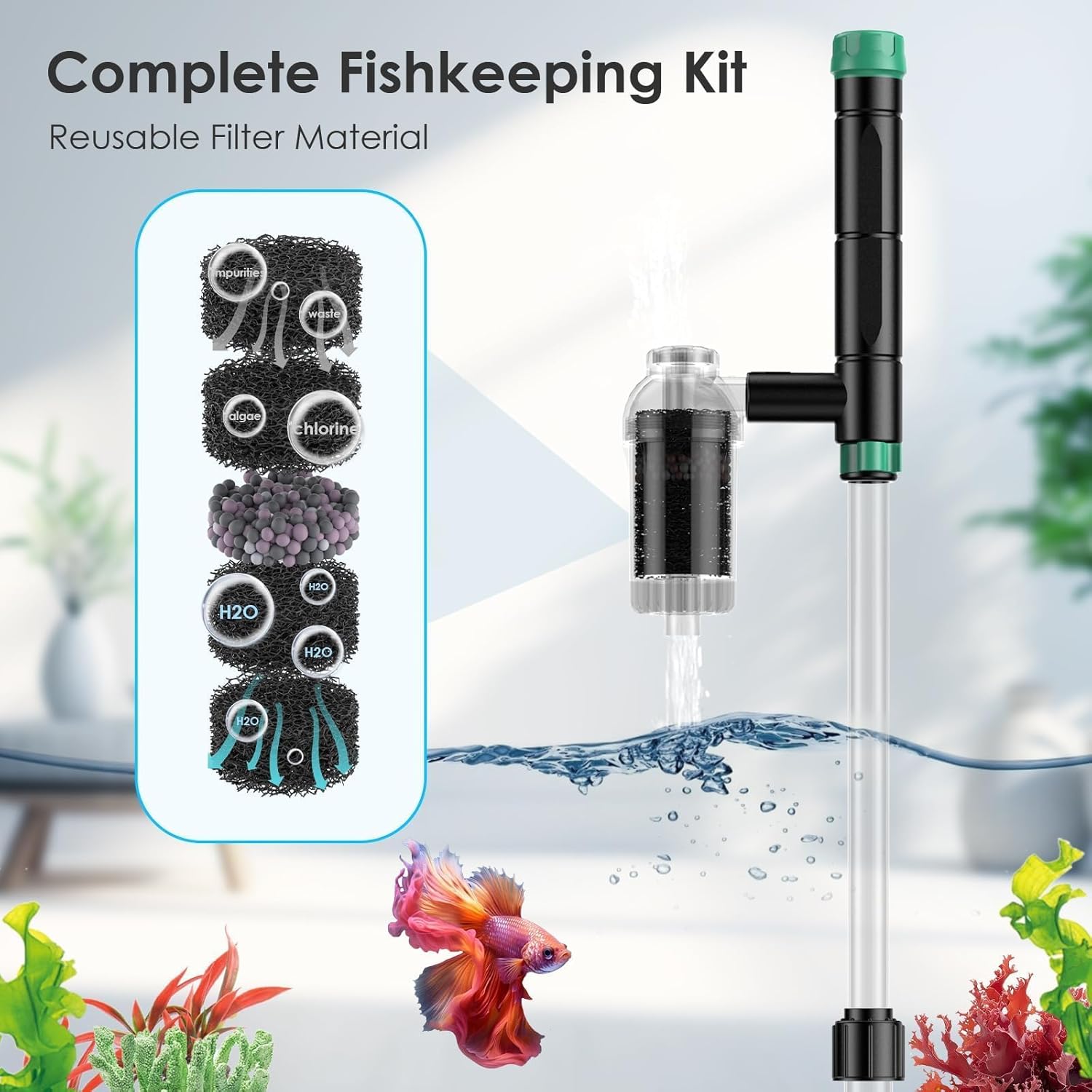 AKKEE Aquarium Vacuum Gravel Cleaner, 36W Electric Fish Tank Cleaner Vacuum, 8 in 1 Multifunctional Aquarium Cleaner for Automatic Water Change, Wash Sand, Water Circulation and Timed Off, Green