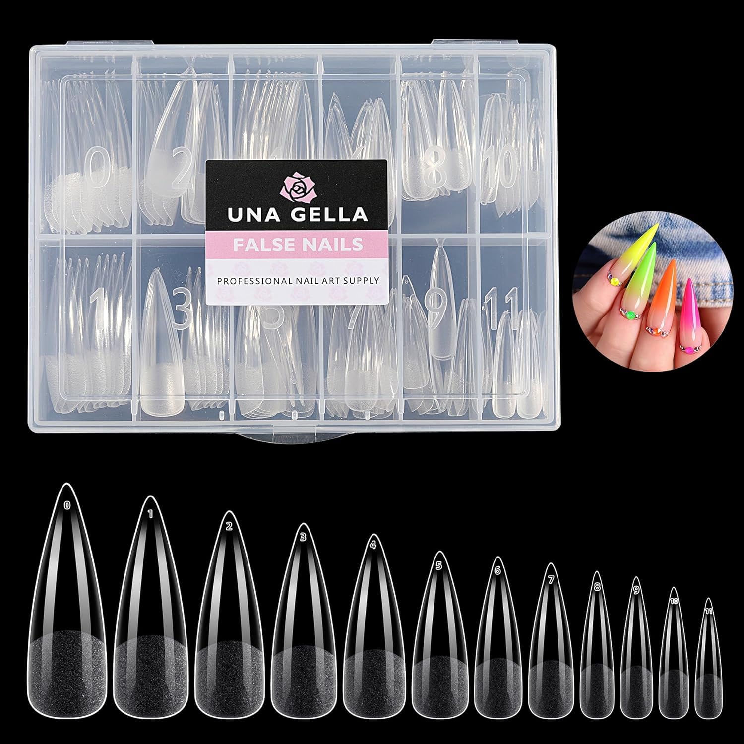 UNA GELLA Stiletto XXL Tips für Gelnägel, 120 Stück 12 Größen Extra Lange Full Cover Nagel Tips, Vorgefeilt & Kein Feilen Nötig, Press-On Kunstnägel für Nagelverlängerung & DIY Maniküre