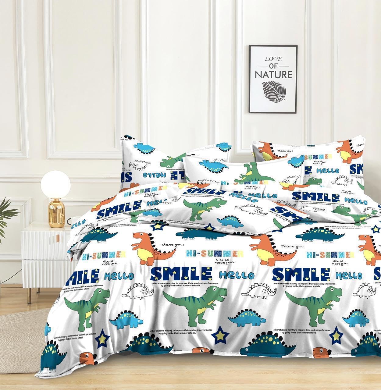 King Size Cotton Bedding Set Combo: King Size Duvet Cover (90x100 Inches) + 300 TC Cotton Fitted Bedsheet Set|Breathable Soft Fabric|Bedding DÉCOR|Gift Set|Green Dinasaur-image-16