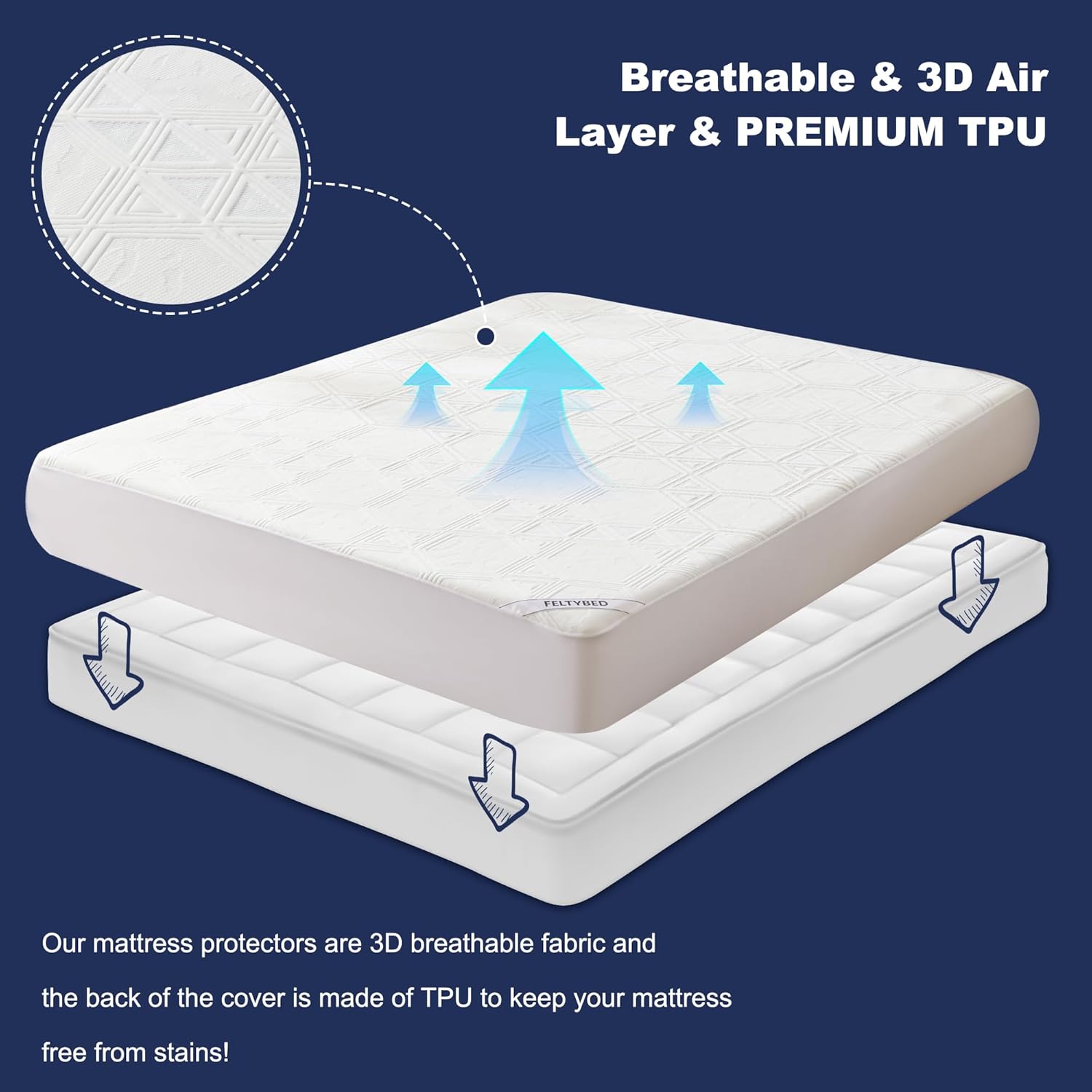 FELTYBED Waterproof Queen Size Mattress Protector, 3D Air Fabric Soft Breathable Bed Cover, Mattress Cover Fitted 6"-15" Deep Pocket, Noiseless Washable