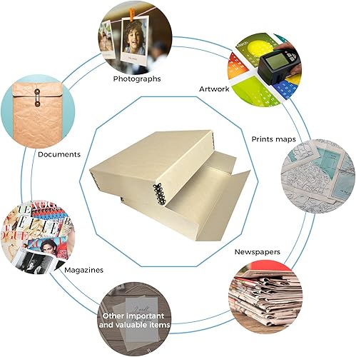 Miniatura 6 de Lineco, Caja de almacenamiento de archivos de museo de color tostado de 9 x 12 pulgadas, diseño frontal caído. Sin ácidos con borde de metal.