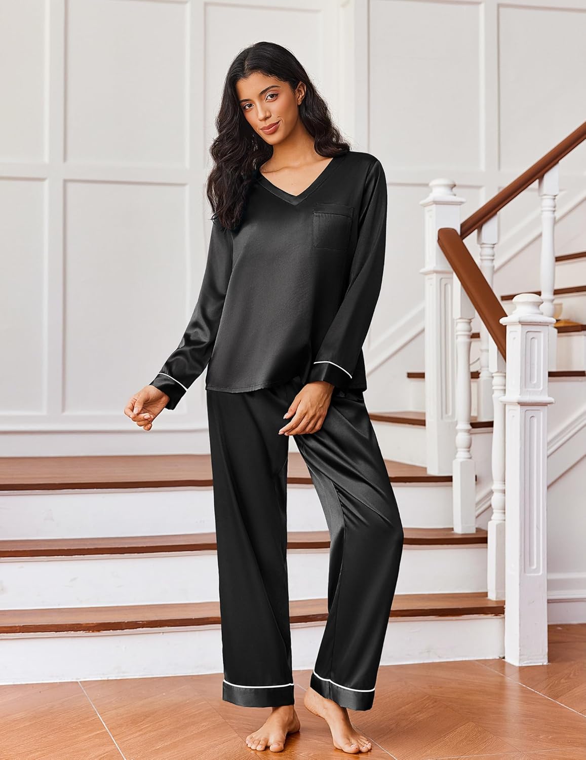 Ekouaer Satin Pajama Set for Women Soft Silk Sleepwear Long Sleeve V Neck Loungewear 2 Piece Pj Sets - Image 2