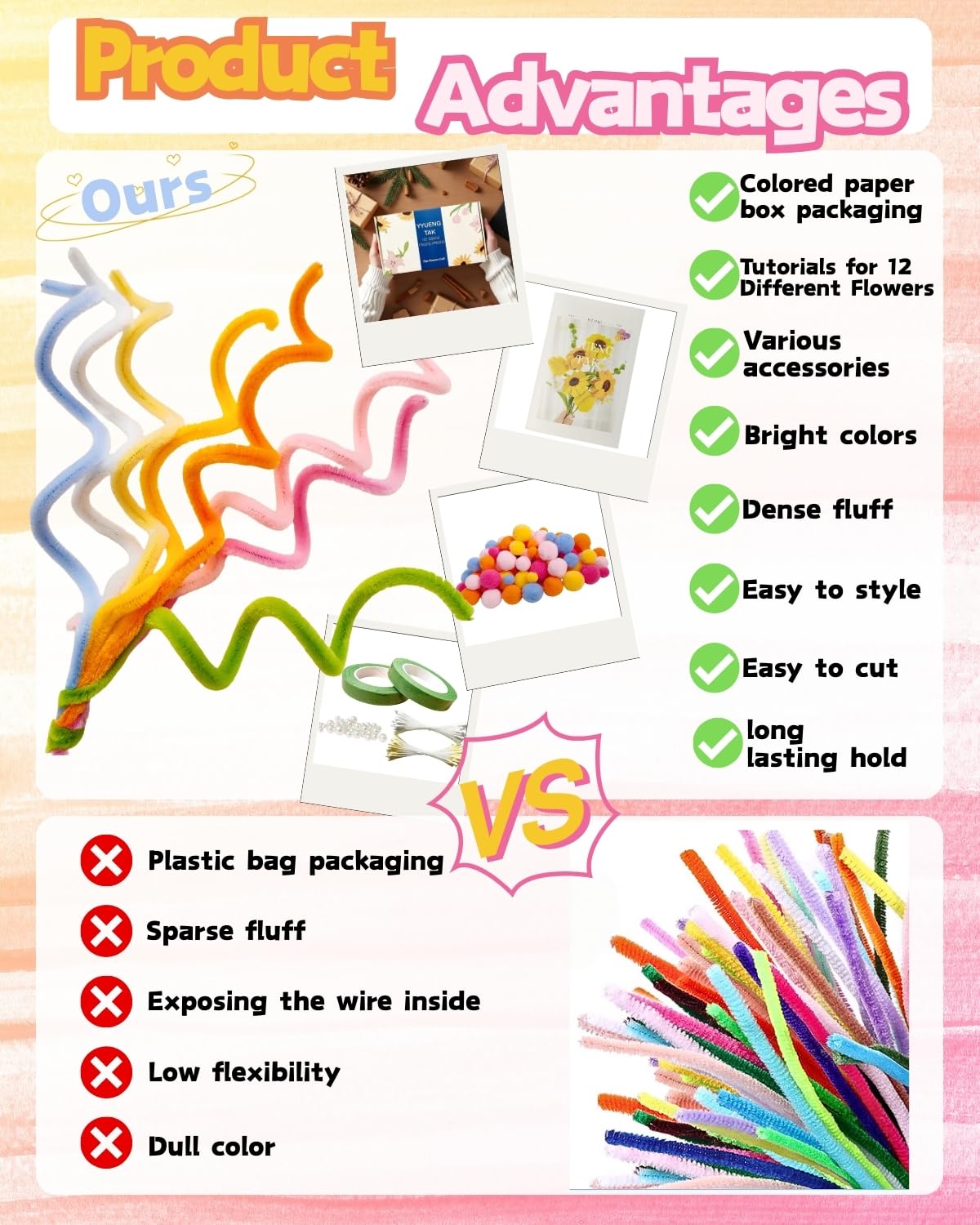 500 Pcs Dopamine Colors Pipe Cleaners Flower kit,Chenille Stems for DIY Art Projects Creative Gift,Pipe Cleaners Craft with tutoria,Pearls,Pompoms,Green Floral Wires,Gardening Tape,Stamen