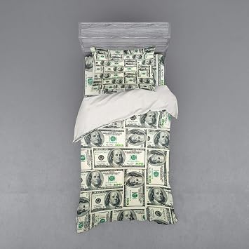 Ambesonne Money Duvet Cover Set, Dollar Bills of United States Federal Reserve The Ben Franklin Portrait, 3 Piece Bedding Set with Sham and Fitted Sheet, Twin Size, Green Grey
