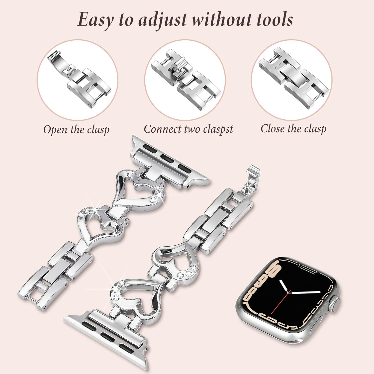 Bling Metal Band for Apple Watch Band 41mm 40mm 42mm(S10/11) 38mm iWatch Series 11 10 9 8 7 6 SE 5 4 3 Bands, Fancy Cute Heart Slim Thin Bracelet for Apple Watch Bands for Women-Silver - Image 3