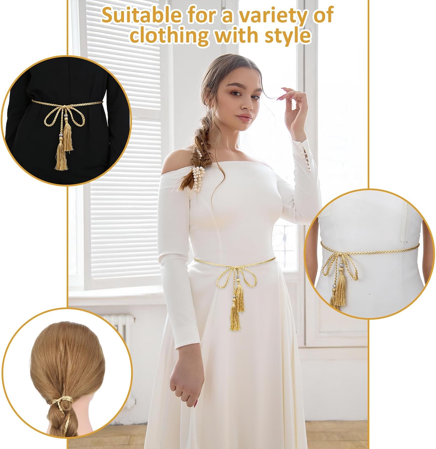 TIESOME 1 Pcs Gold Tassel Belt, Skinny Braided Rope Waist Belt for Women, Bowknot Tassel Accent Adjustable for Dress Skirt, Gold