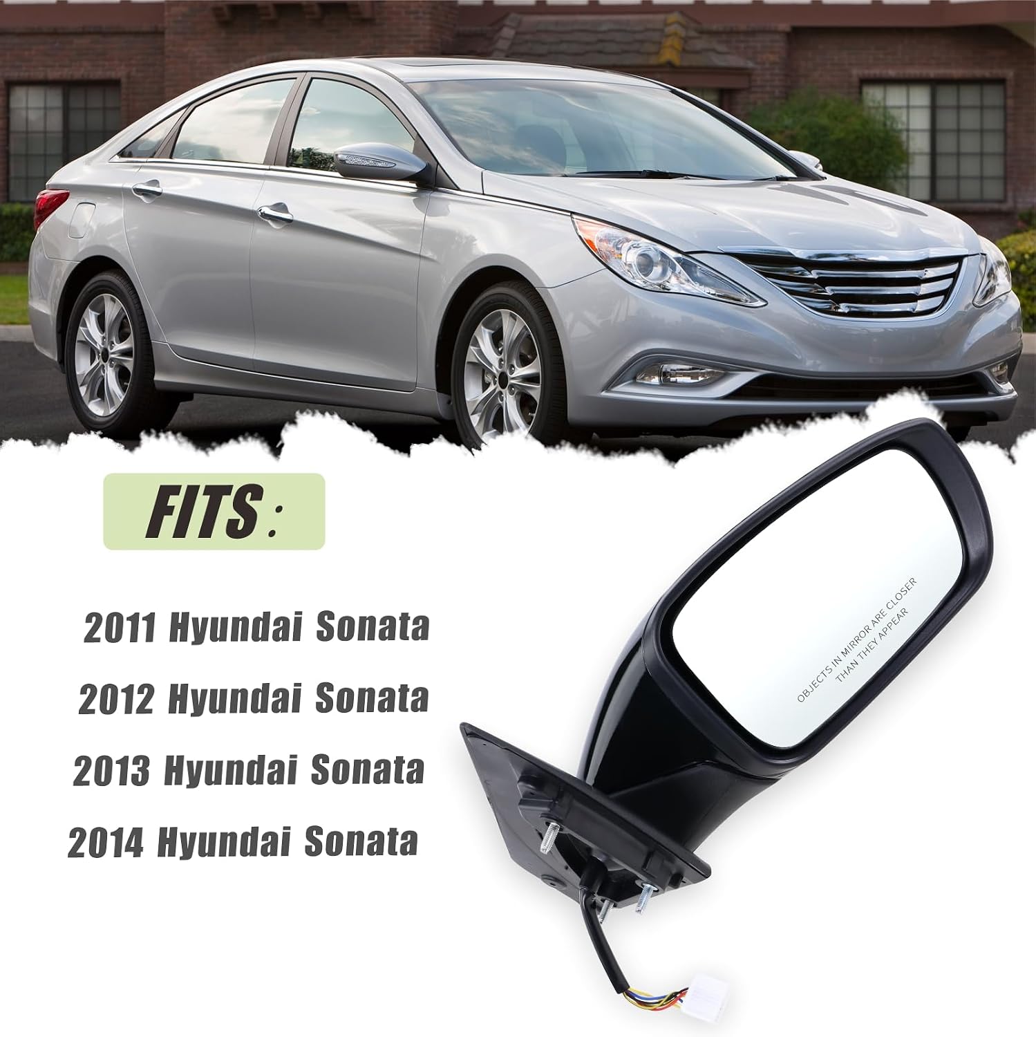 Right Passenger Side Door Mirror Compatible With 2011 2012 2013 2014 Hyundai Sonata With Power Glass Manual Folding Heated Turn Signal Black Replace#HY1321168 87620-3Q110 (7 Pins)