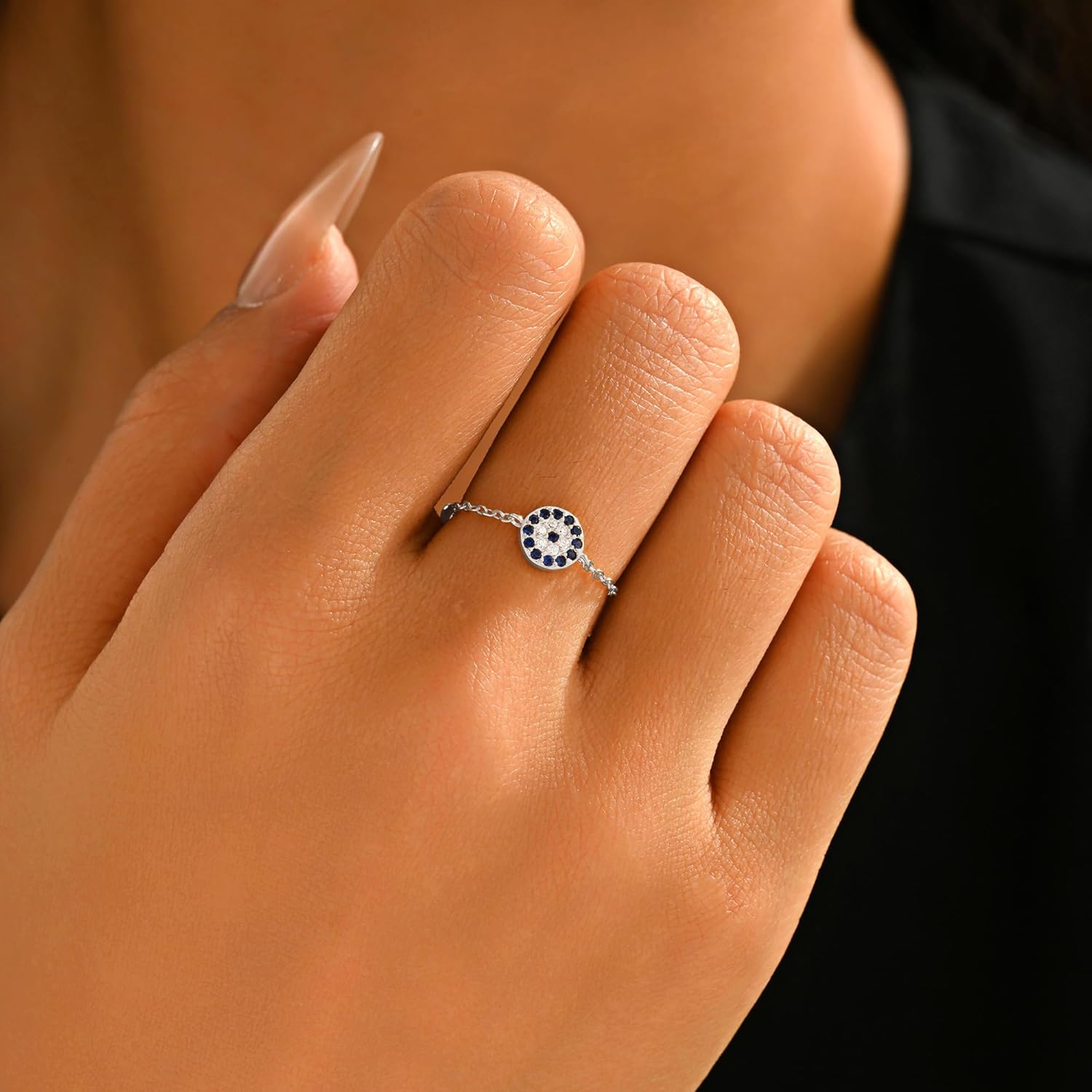 925 Sterling Silver Evil Eye Dangling Charm Fidget Rings with Bead for Women 14k Gold Plated Blue Cubic Zirconia Adjustable Tassel Chain Ring Sacking Finger Statment Ring Jewelry Gifts - Image 2