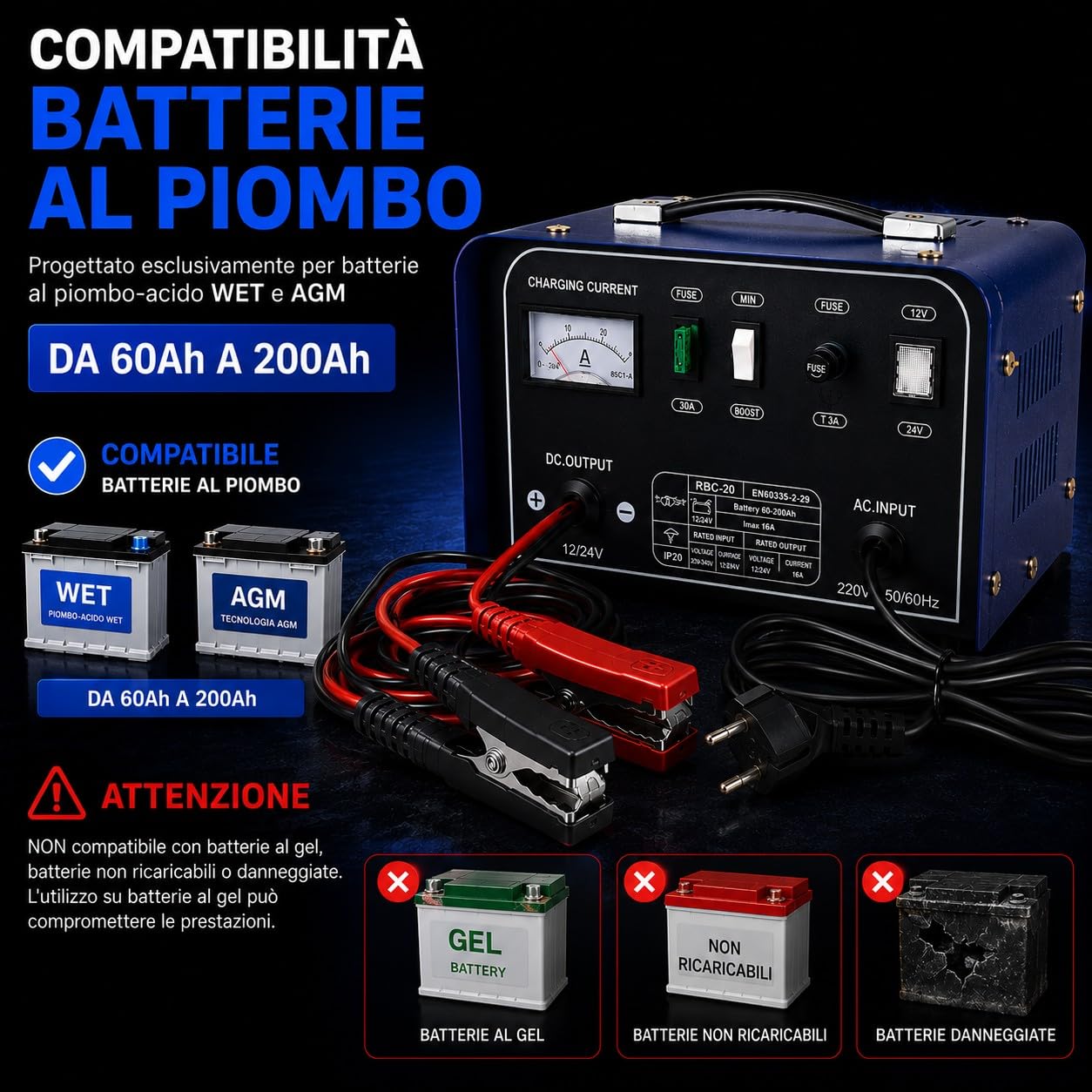 Caricabatterie Auto Moto 12V 24V Corrente di Picco 20A Professionale per Batterie al Piombo 60-200Ah con Amperometro Analogico Modalità MIN/MAX per Auto Furgoni Barca Trattore
