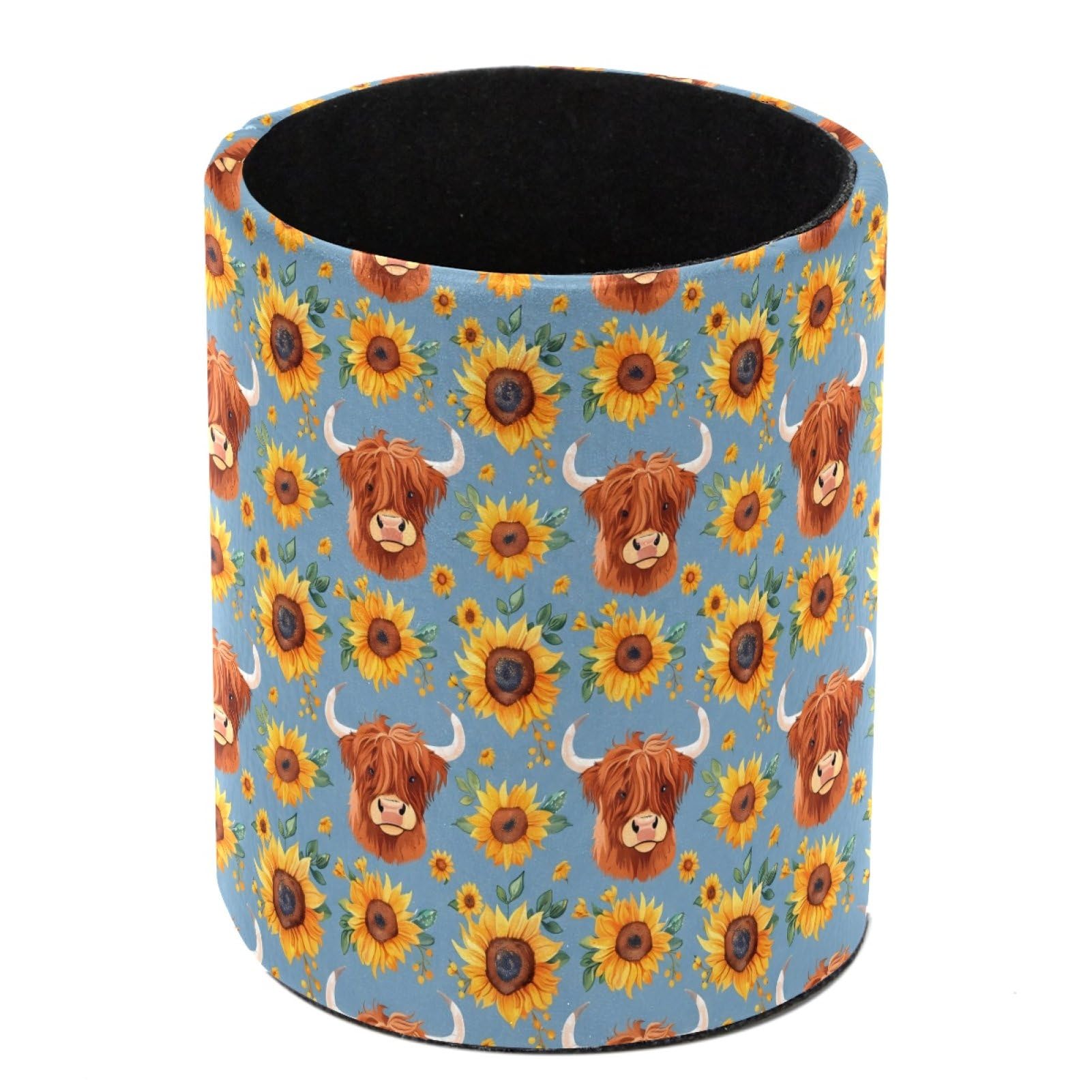 HEOEH Highland Cow Sunflowers Pen Holder for Desk, PU Leather Pencil Holder Pen Cup Marker Holder Makeup Brush Holders, Desk Accessories & Workspace Organizers for Home, Office