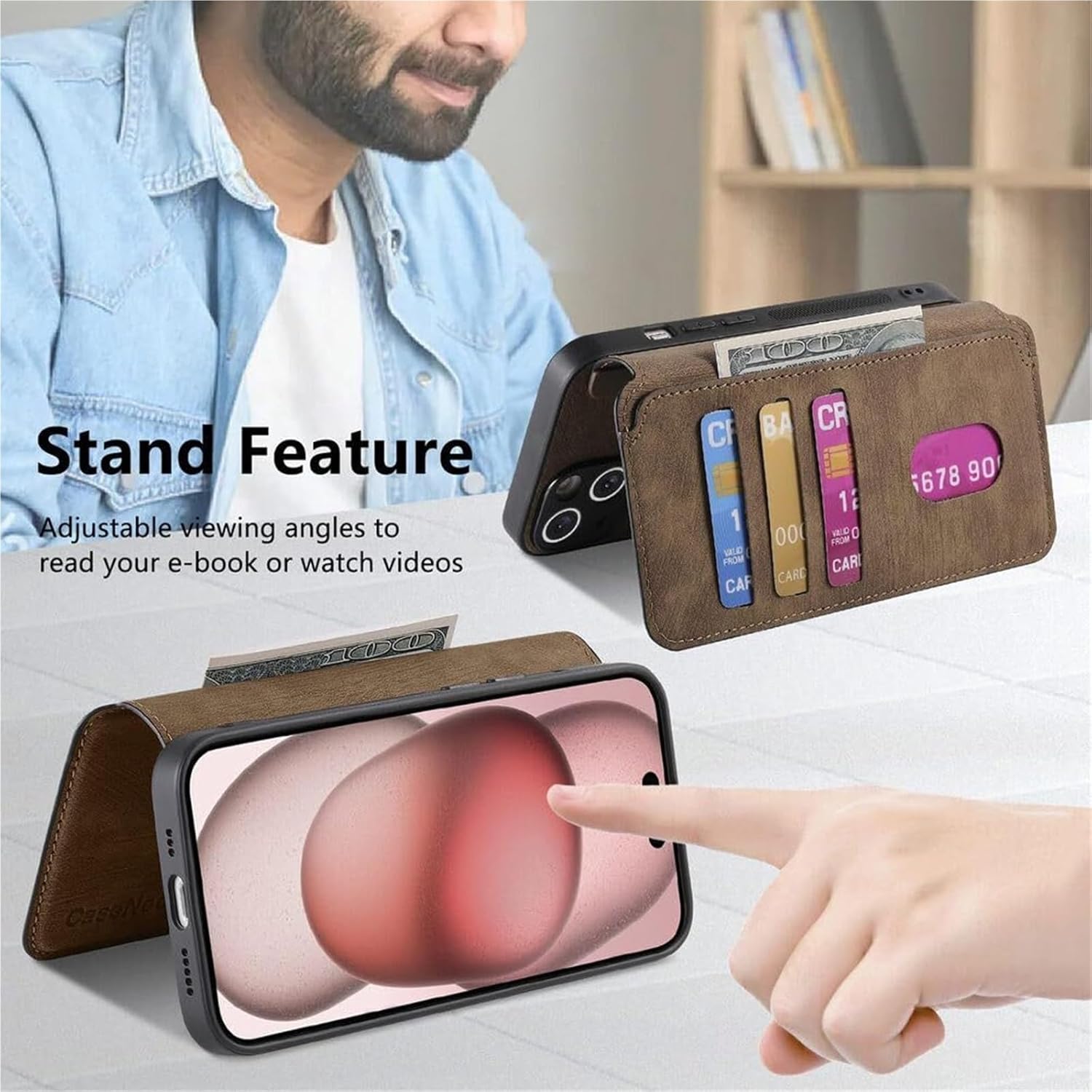 Leather Magnetic Detachable Flip Case for iPhone 17/17 Air/17 Pro/17 Pro Max, Matte Frosted Wallet Slim Cover with Wireless Charging(Pink,17 Pro)