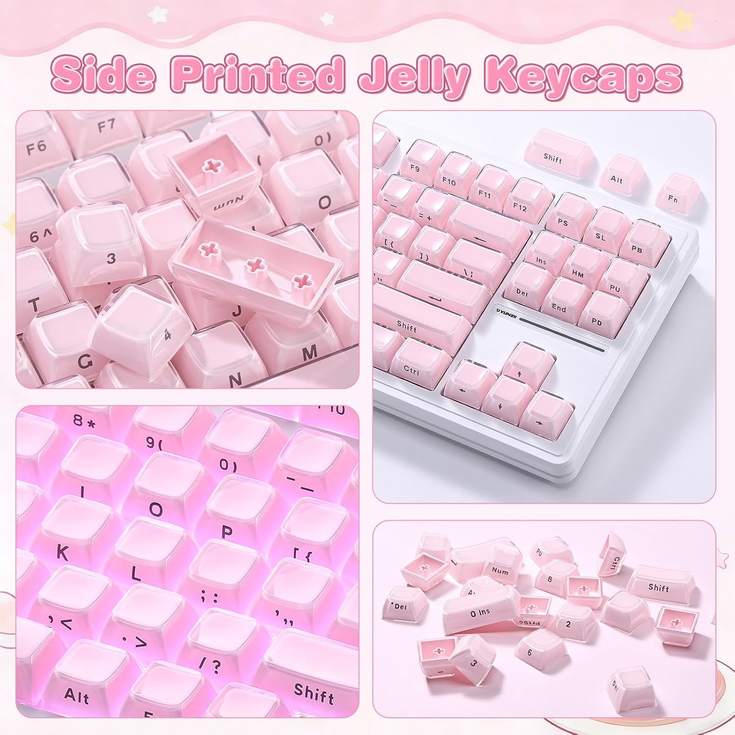 YUNZII Jelly PBT Keycap Set,113 Keys Custom Keycap with Keycap Puller,Laser Etching OEM Profile Keycap Compatible with 65% 75% 96% Full Size for Cherry Gateron MX Switches Mechanical Keyboard (Pink)