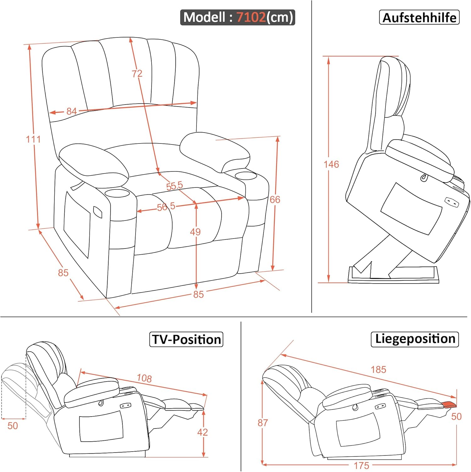 Technical diagram showing dimensions of the M MCombo recliner chair in various positions