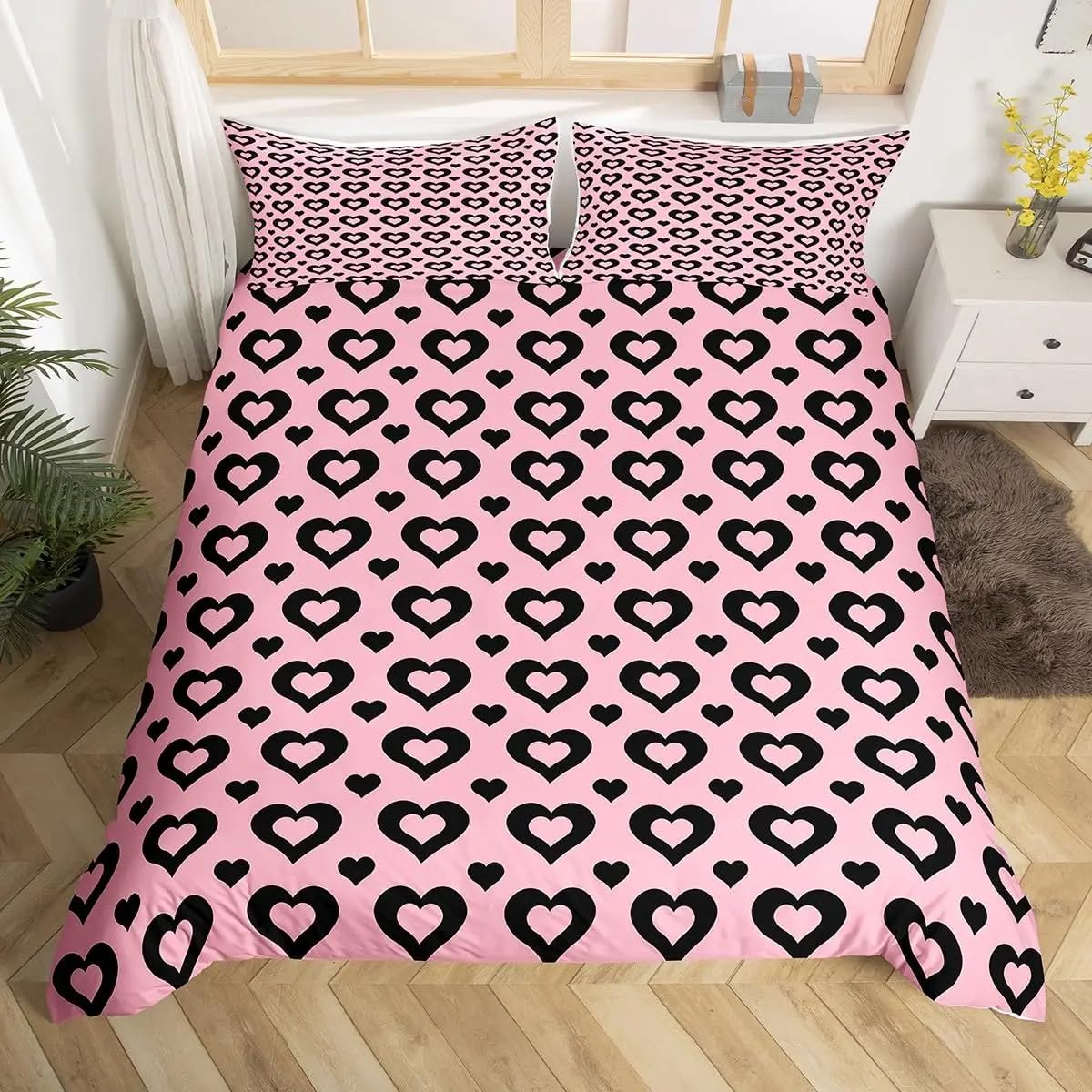 Housse de couette motif cœur rose et noir 140x200 cm avec ses taies d'oreiller pour lit simple