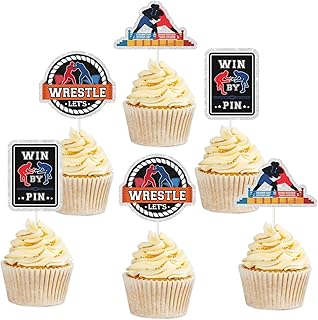 Wrestling Theme Dessert Cupcake Toppers,Colorful Glitter WIN BY PIN Decor Supplies, Boy Man Wrestler Happy Birthday Party Decorations.18pcs