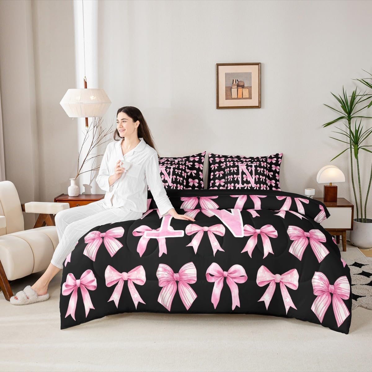 Erosebridal Teen Girl Coquette Bow 7 Piece Bedding Set Twin Size Fantasy Pink and Black Initial Bow Duvet Insert Monogram N Comforter Set with Sheets Girly Fantasy Bowknot Bed in a Bag(N)