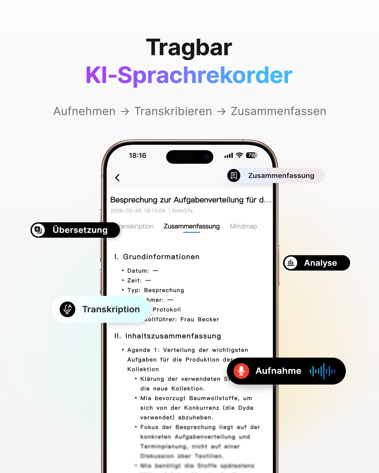 BOYA Notra KI Digitales Diktiergerät mit KI Schreibfunktion und Zusammenfassen, Multimodale Eingabe, Voice Recorder Unterstützung für Bluetooth-Headset-Aufnahme, Audiorekorder für Meetings Vorlesungen