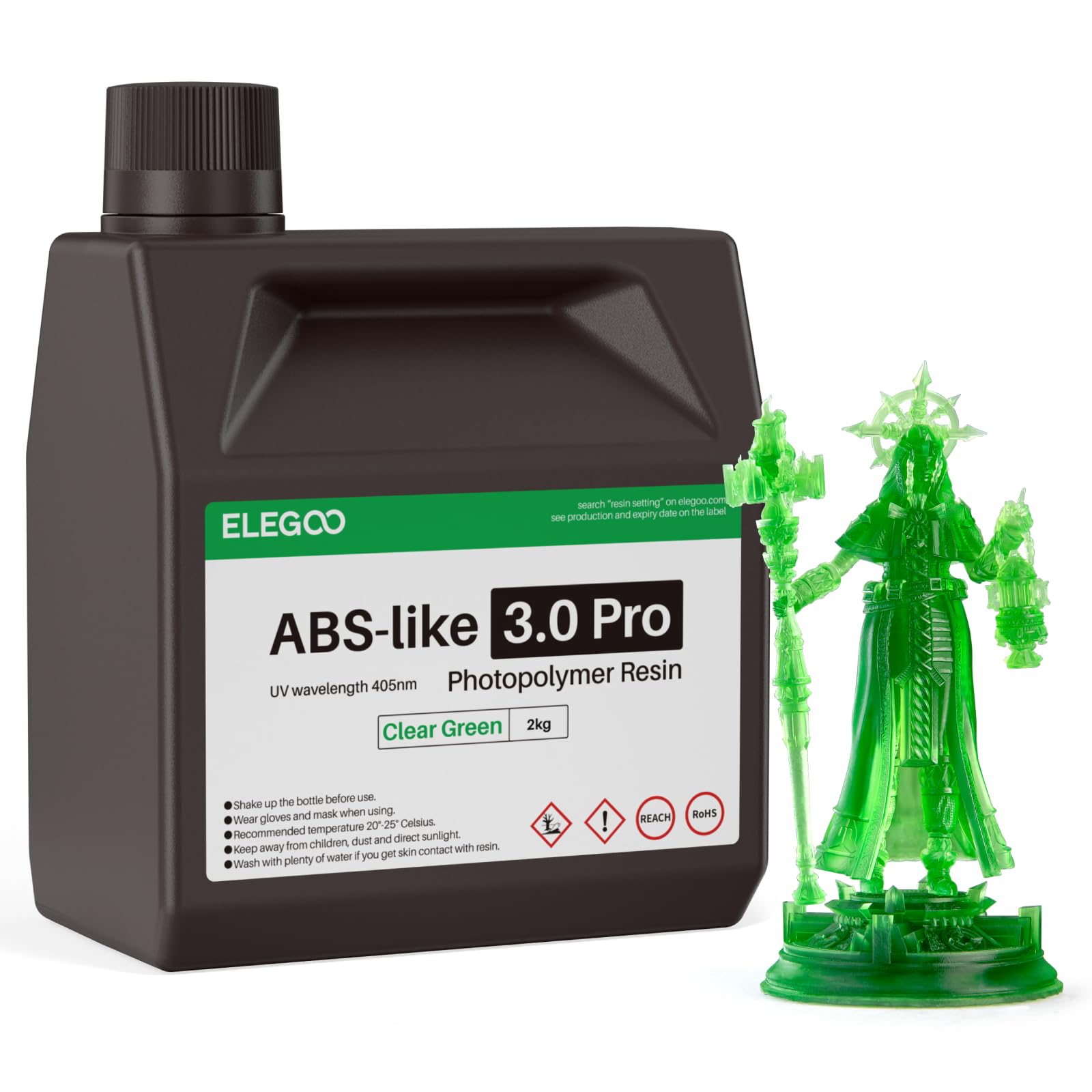 ELEGOO Résin ABS-Like 3.0 Pro, 2000g Vert Translucide, Résine Imprimante 3D Photopolymère UV 405nm, avec Haute Résistance aux Rayures, Haute Précision, Non Fragile, pour Imprimantes 3D MSLA/DLP/LCD