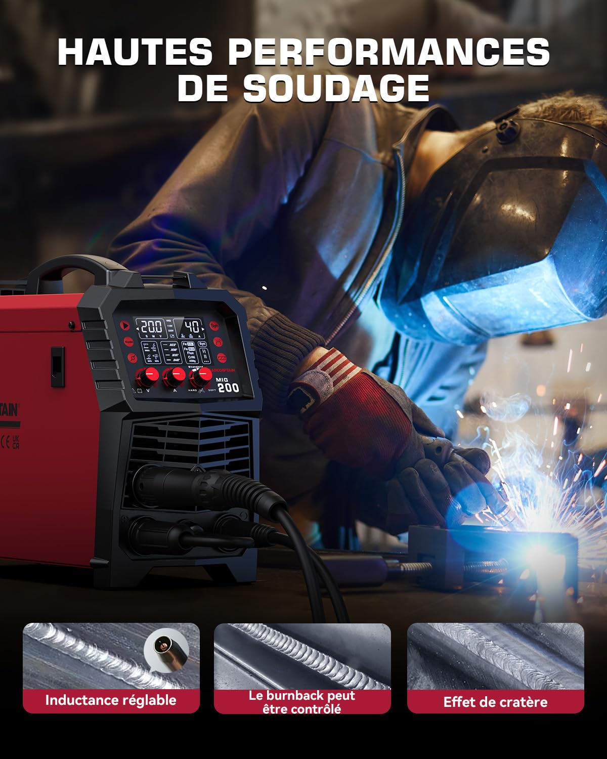 ARCCAPTAIN Poste à Souder MIG MAG, 200Amp 6 en 1 Gaz MIG/Sans gaz Flux Core MIG/Électrode Enrobée/Lift TIG/Soudage par points/Pistolet à fil 230V Machine de soudage multi-processus en aluminium
