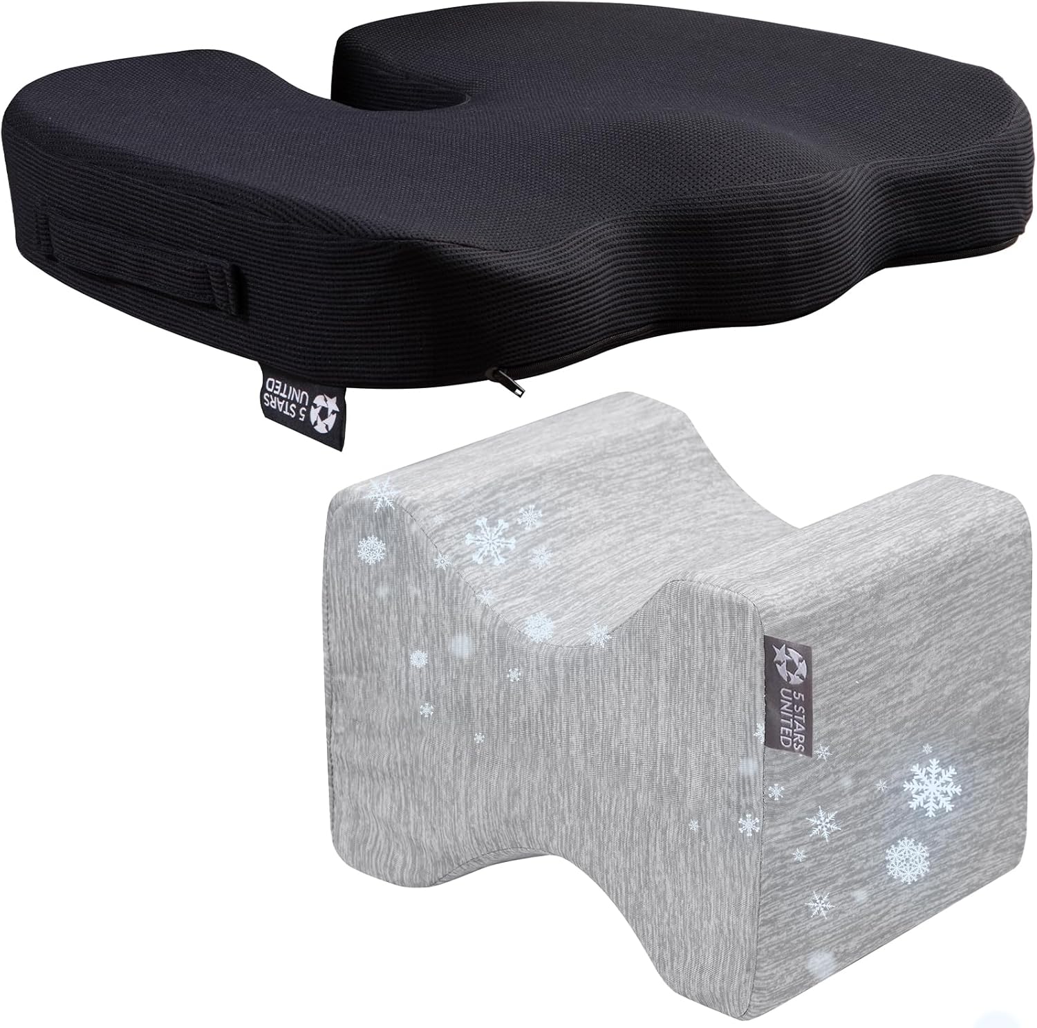 5 STARS UNITED Knee Pillow for Side Sleepers - 100% Memory Foam and Seat Cushion for Desk Chair, Bundle