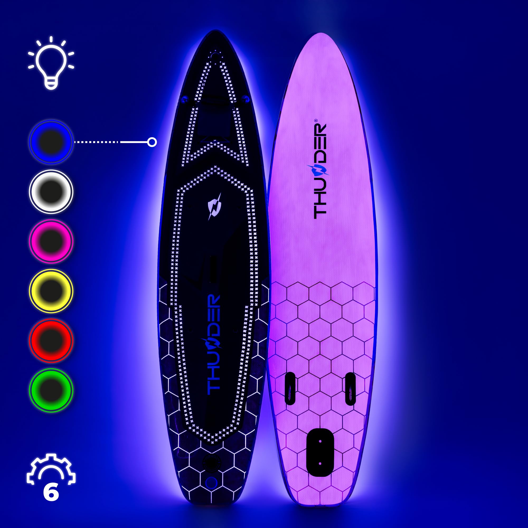 THUNDER Pro LED Sup Board 320 cm con sedile Kayak – Stand Up Paddle Board Gonfiabile con Illuminazione RGB LED, Pompa, Paddle & Zaino – Set Sup fino a 150 kg