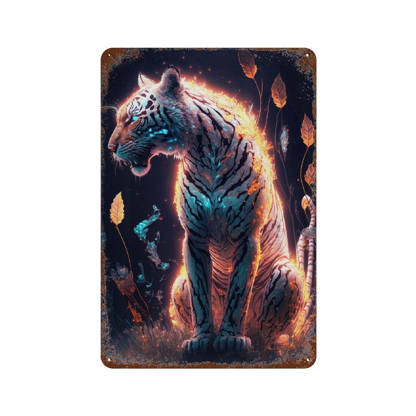 Magical Tiger Artwork 11.8"x7.9" Weathered Tin Sign, Shabby Chic Decor for Cafe, Home Bar And Lounge Decor