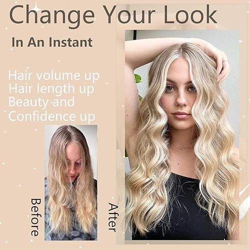 Miniatura 5 de Prehot Peluca rubia ombré para mujer, de 26 pulgadas, con encaje en el medio, rizada, larga, ondulada, de aspecto natural, sintética, resistente al