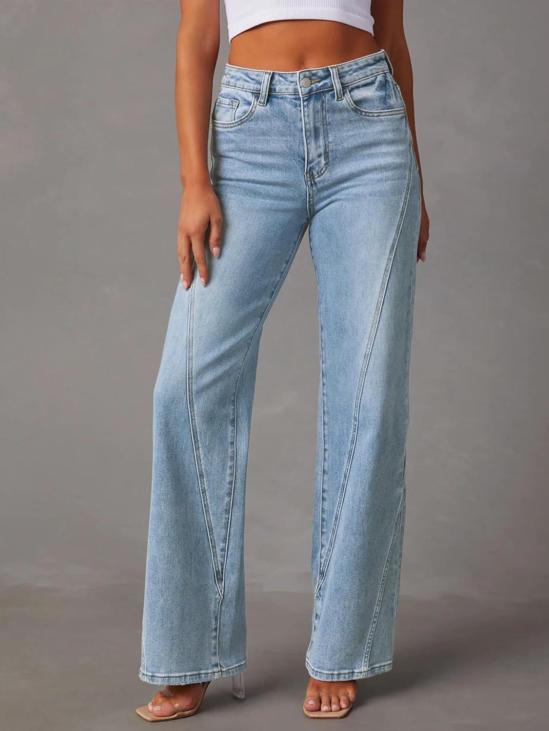 Womens Wide Leg Jeans Mid High Waisted Baggy Straight Leg Stretchy Denim Pants Seamed Long Trousers - Image 3