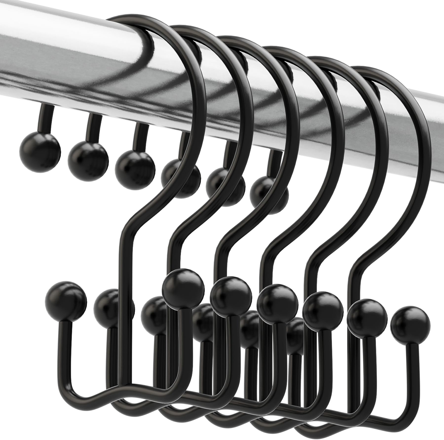 Titanker Shower Curtain Hooks Black, Minimalist Simple Double Glide Shower Curtain Rings, Rust Proof Metal Shower Hooks Rings for Bathroom Shower Rods Curtains, Set of 12 Hooks